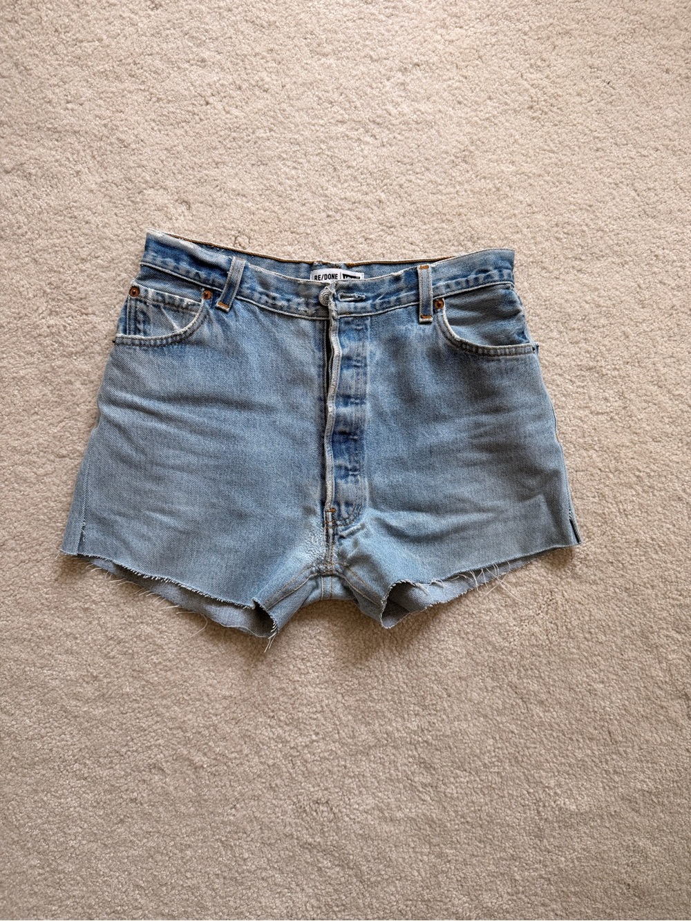 Re/Done Light Blue High-Rise Raw Hem Denim Shorts